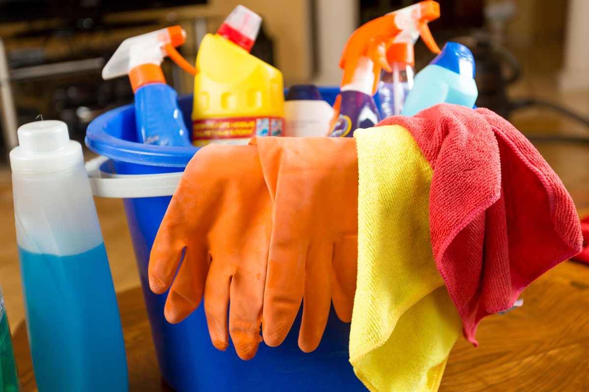 Breakroom cleaning supplies in bucket