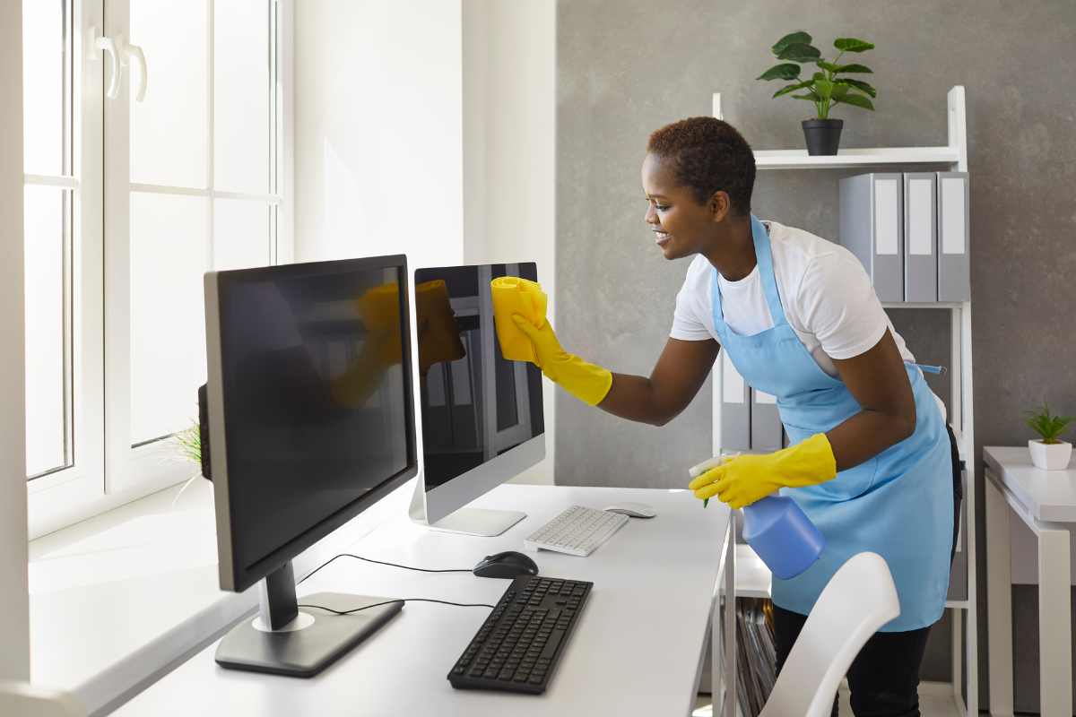 Cleaner wiping computer screens and workstation surfaces in a modern office