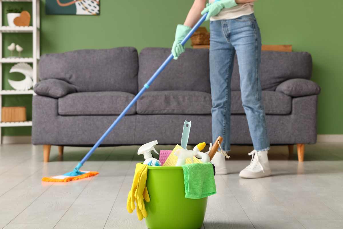 Residential general cleaning with mopping and cleaning supplies