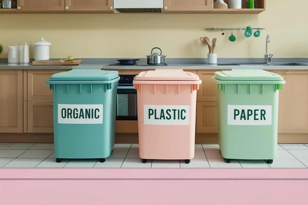 Residential recycling bins for plastic paper and organic waste