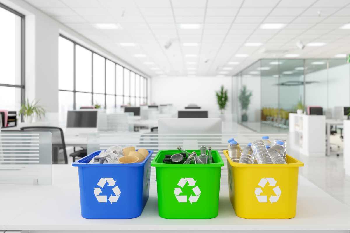 Office recycling bins and recyclable materials