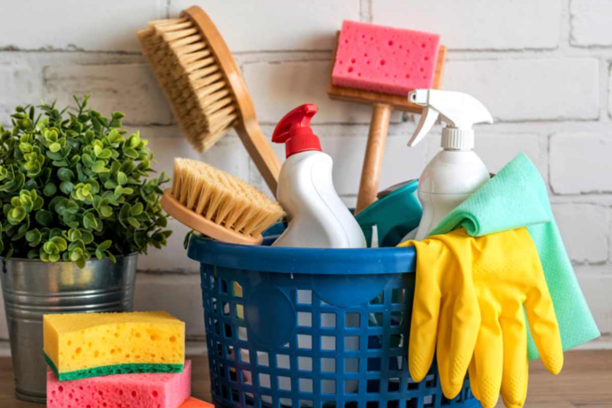 Deep cleaning supplies with brushes sponges and gloves