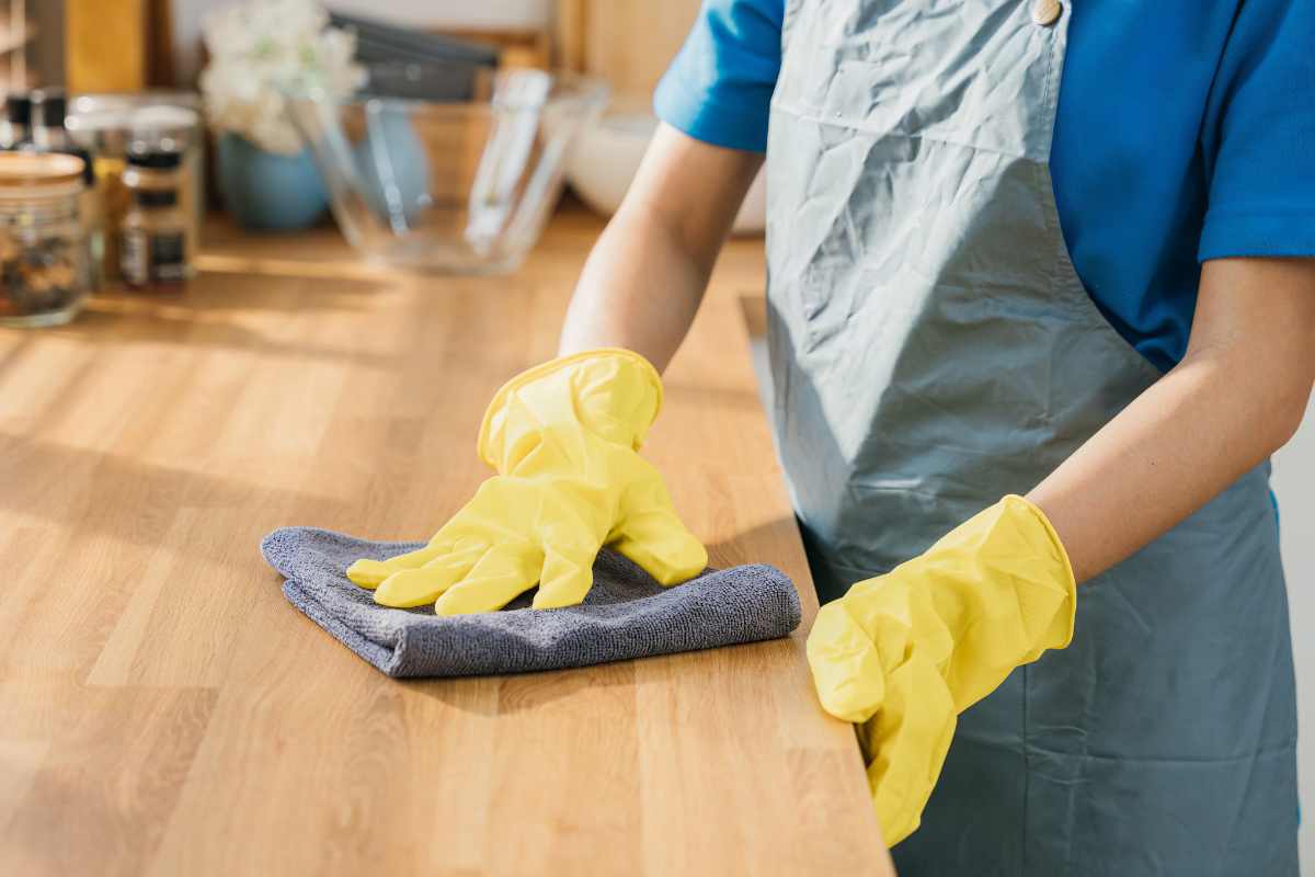Modern kitchen surface and dining table cleaning